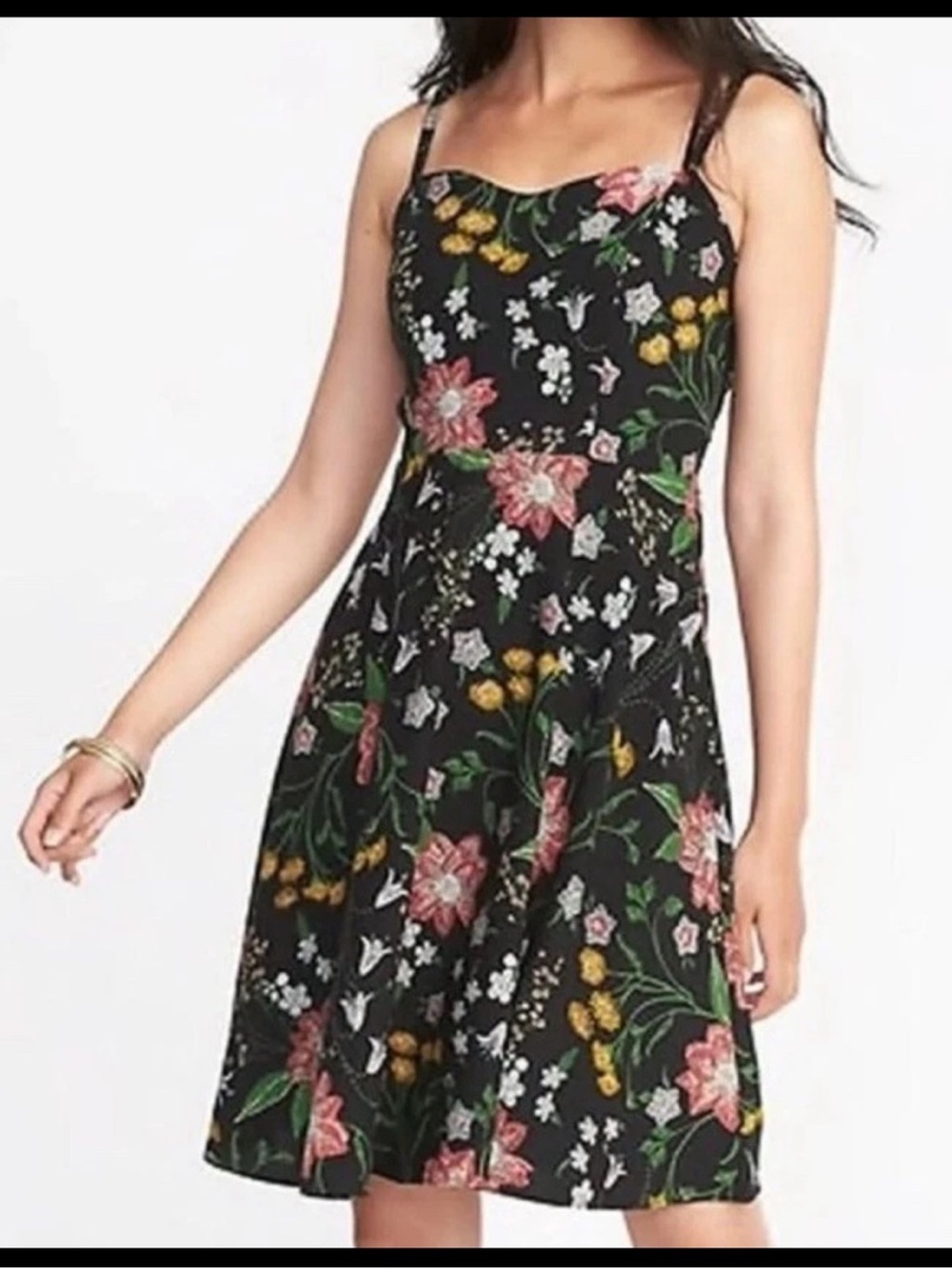 Old Navy XL Black Floral Fit & Flare Midi Sundress Smocked Back